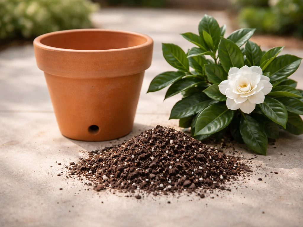 Terracotta pot with drainage and airy slightly acidic potting mix, perlite visible beside a gardenia.
