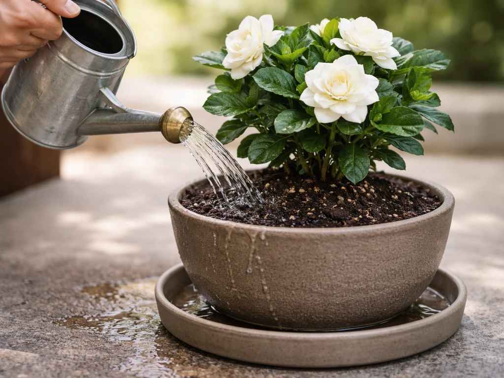 Hands pour water into a potted gardenia’s soil, with excess draining into the saucer.