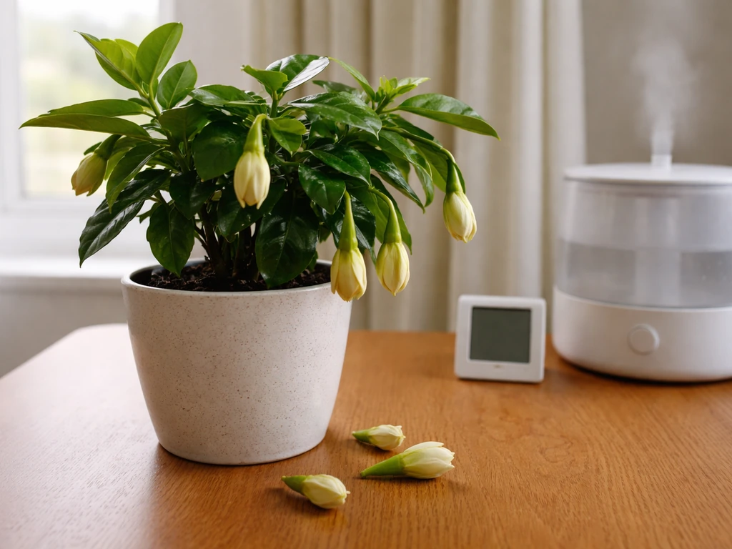 Gardenia buds drooping next to a nearby thermometer/hygrometer and humidifier indicator indoors.