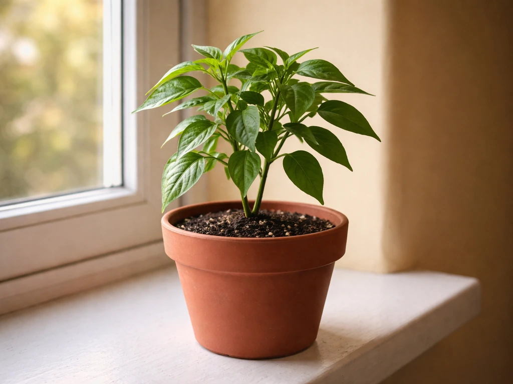 Healthy indoor chilli plant with evergreen leaves on a windowsill in warm natural daylight.