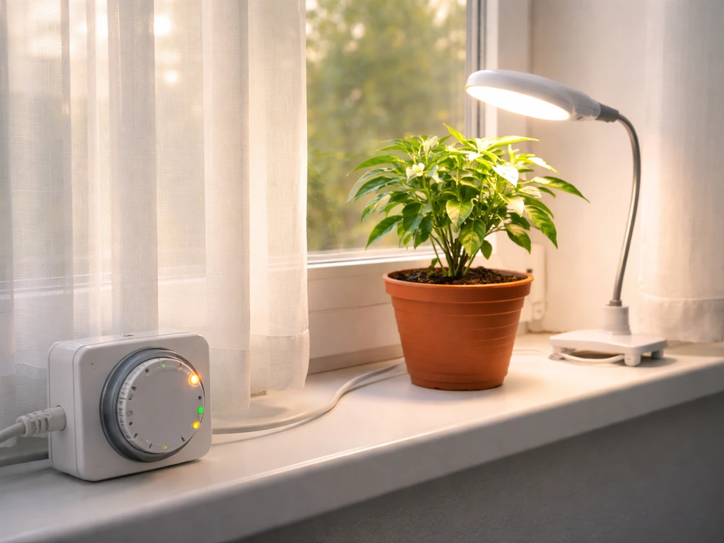 Indoor chilli plant beside a generic LED grow light and simple timer suggesting long daily illumination.