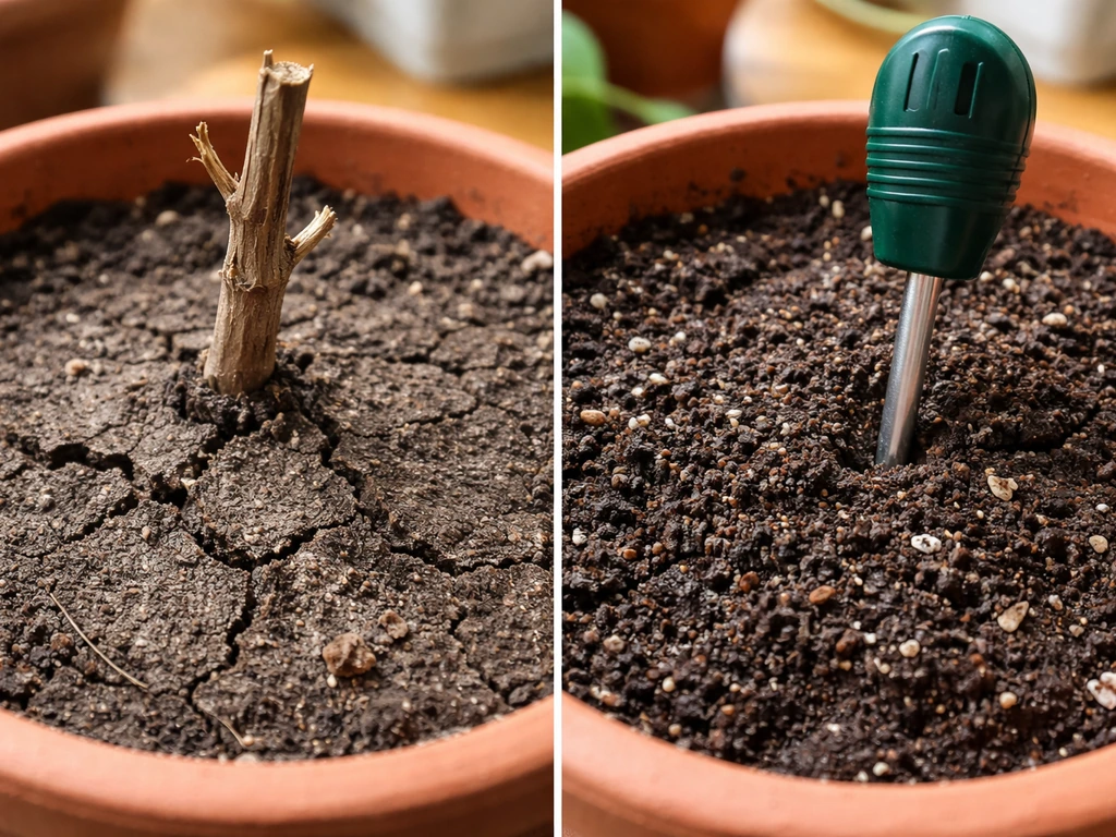 Split close-up of winter dry soil vs slightly moist active-growth soil with a soil moisture probe.