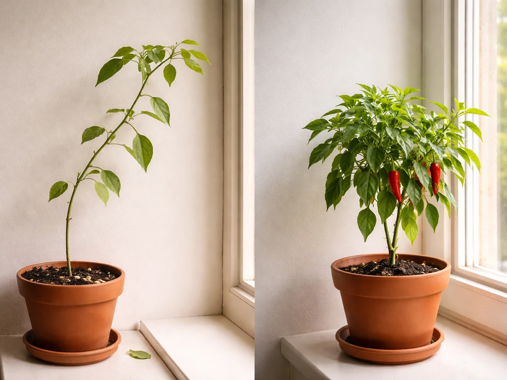 Indoor window two chilli plants: one leggy and stretched, the other compact after moving to brighter light.