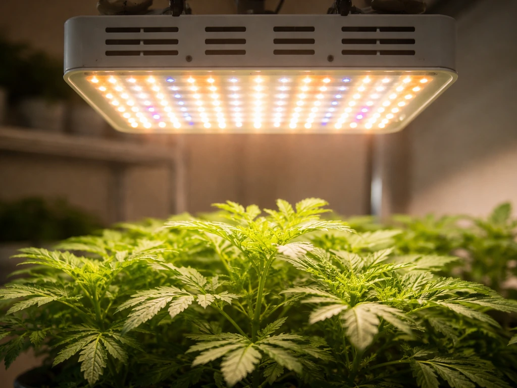 Close-up of a full-spectrum LED grow light 6–12 inches above marigold leaves, emphasizing intense light.