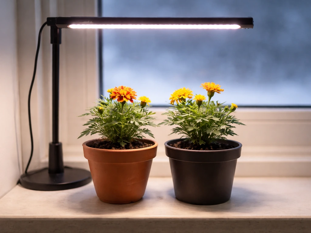 Compact indoor marigolds in small pots under grow lights in a tidy winter setup.