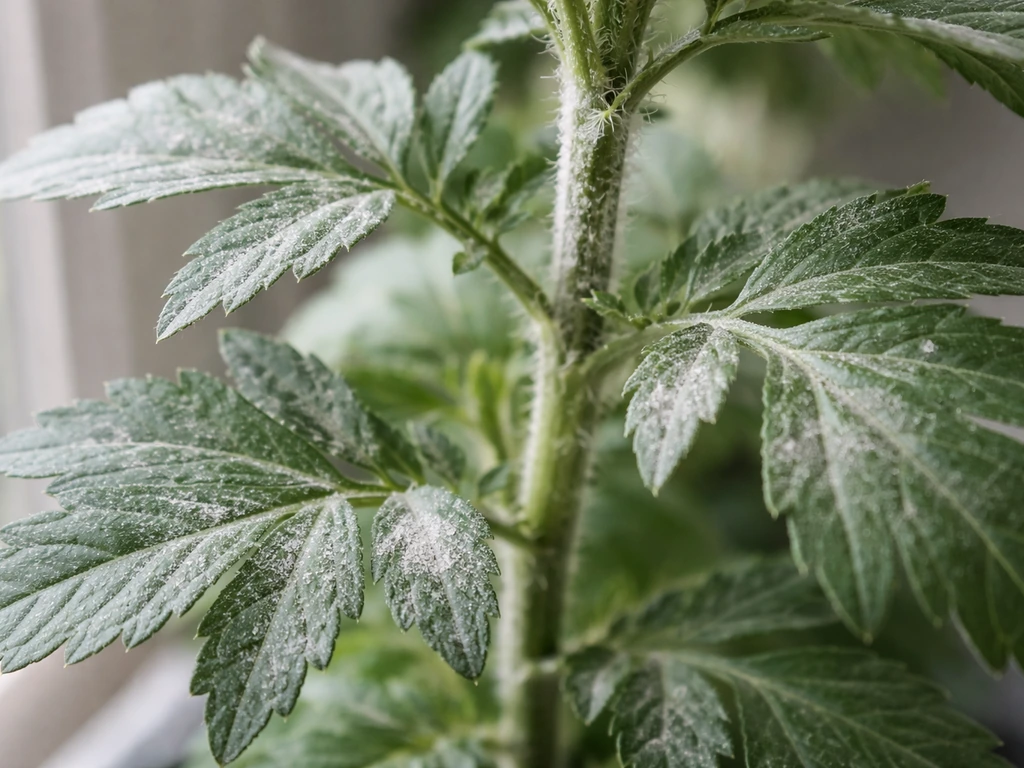 Close-up of indoor marigold leaves with powdery white mildew coating on stems