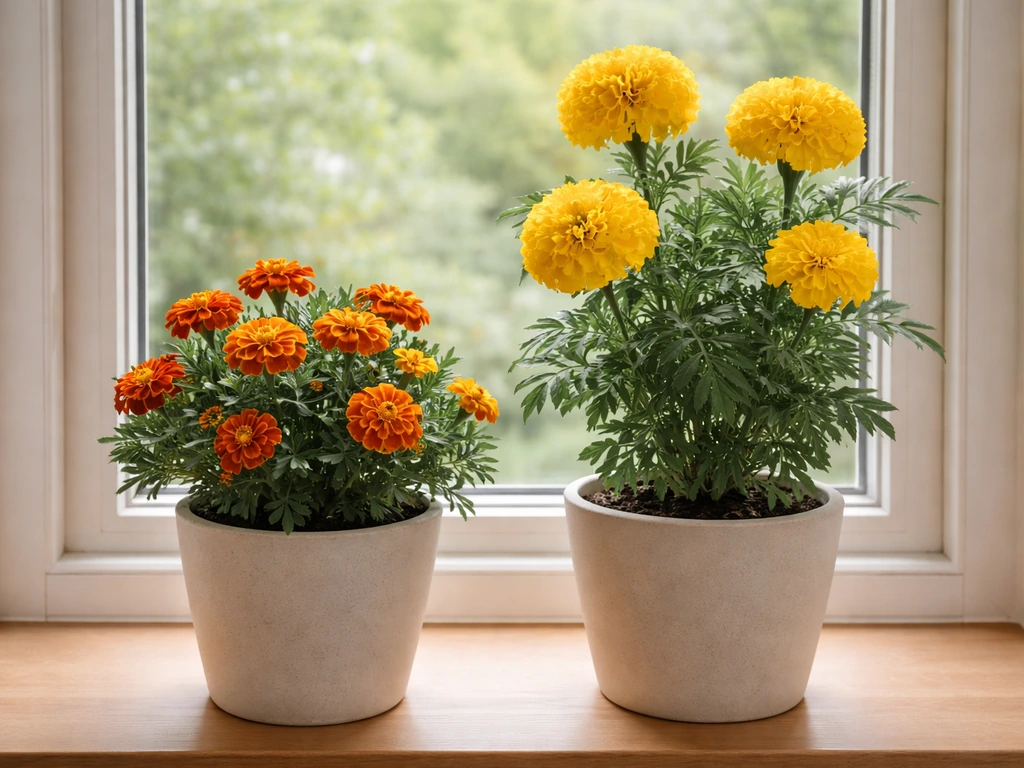 Side-by-side French and African marigold pots on an indoor windowsill, showing compact vs taller growth.