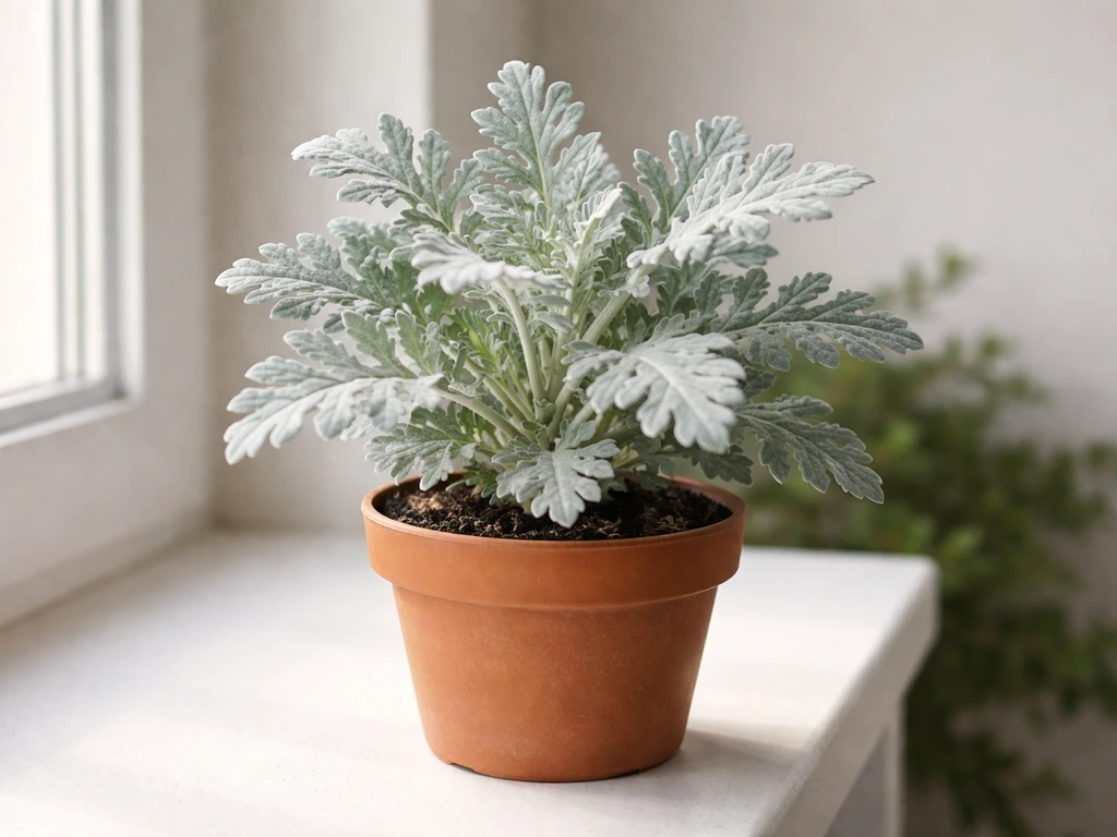 Healthy silver dusty miller in a small pot on a bright windowsill indoors