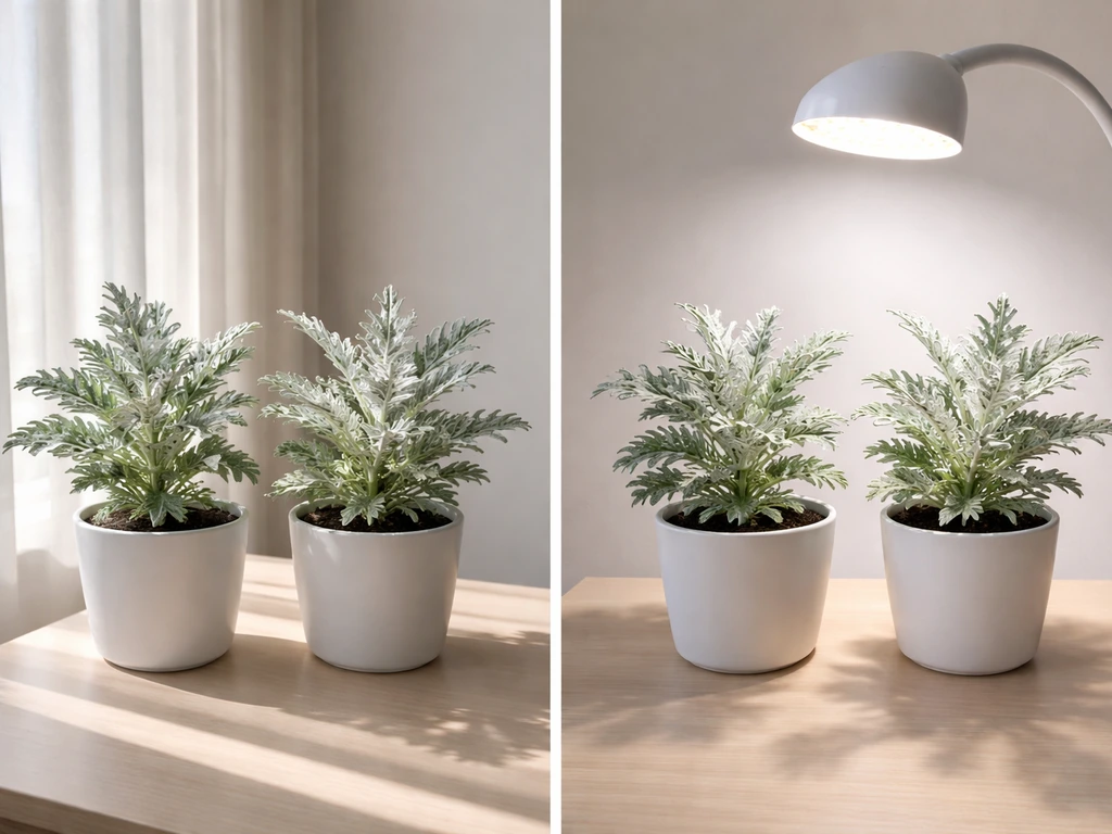 Two dusty miller plants side-by-side, one lit by a bright window and one by a grow light.