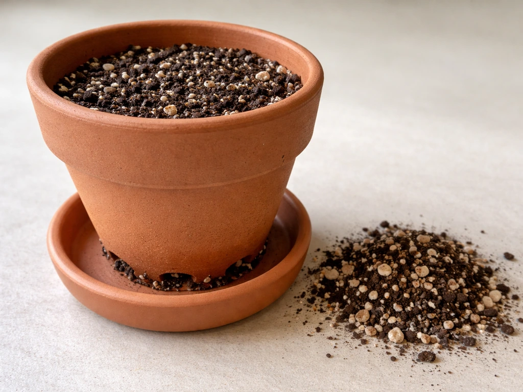 Unglazed terracotta pot with fast-draining mix and visible drainage area, showing how it prevents wet feet.