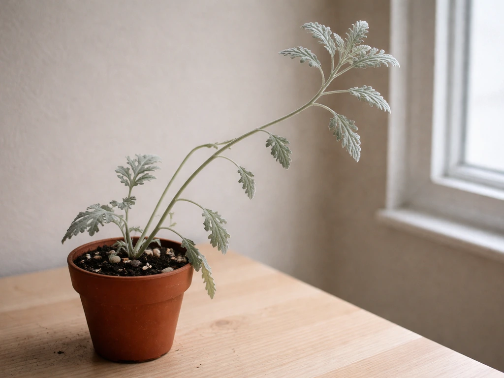 Leggy dusty miller indoors with stretched stems reaching toward a bright window.