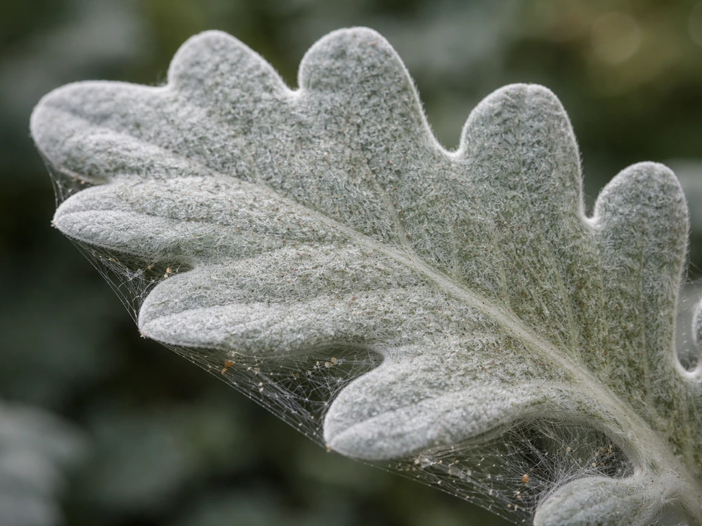 Macro view of dusty miller leaf with spider mite stippling and fine webbing on the underside.