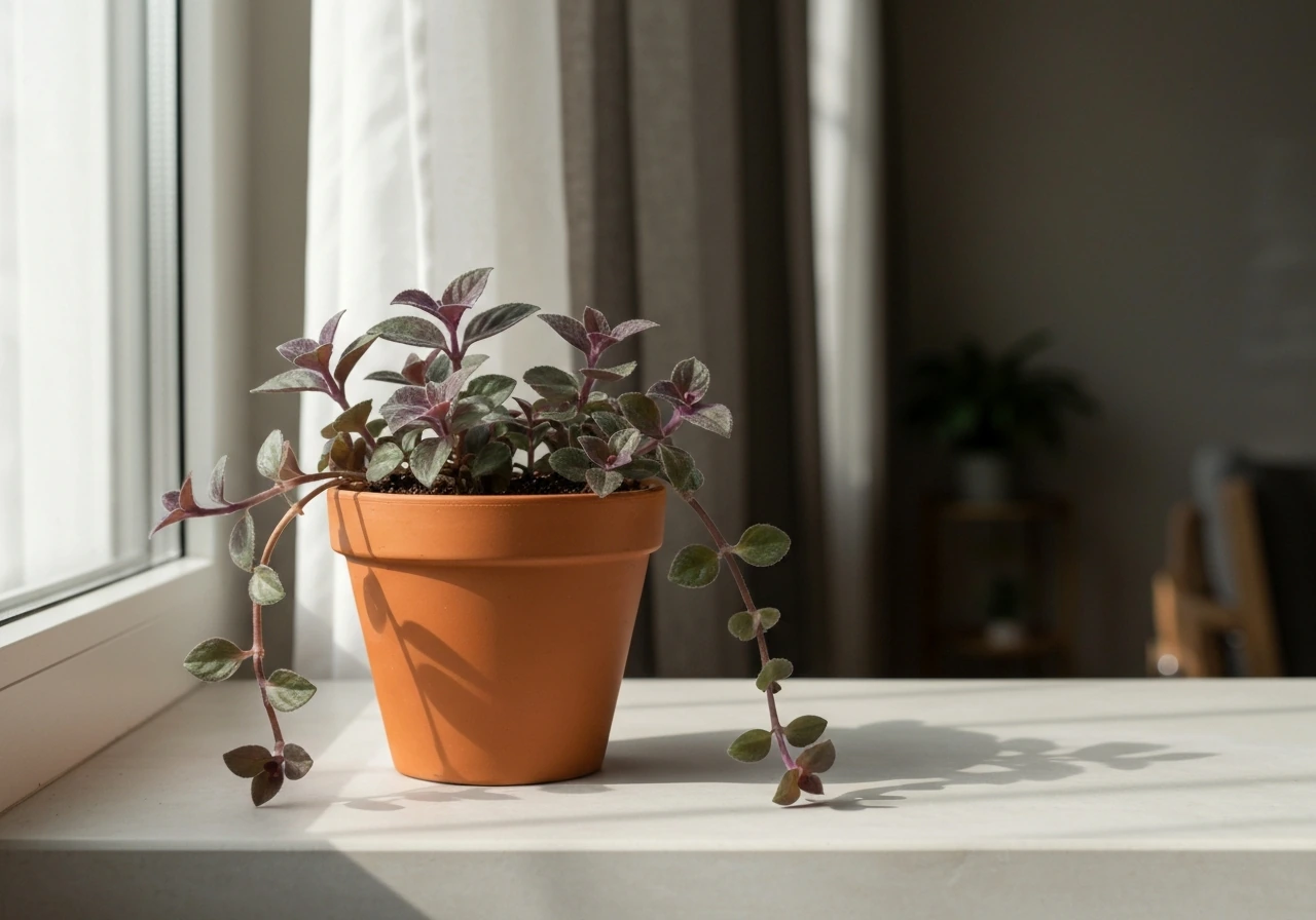 Healthy Persian shield houseplant with purple trailing foliage in a bright indoor window spot.