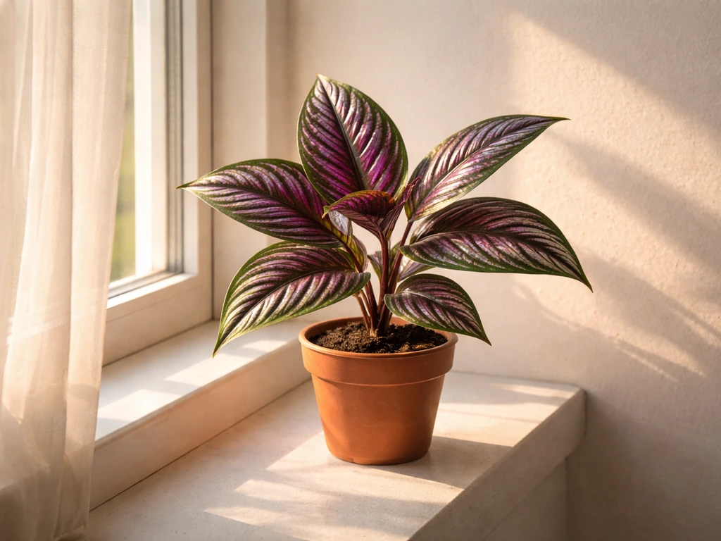 Persian shield plant positioned near a bright east-facing window catching soft morning sun