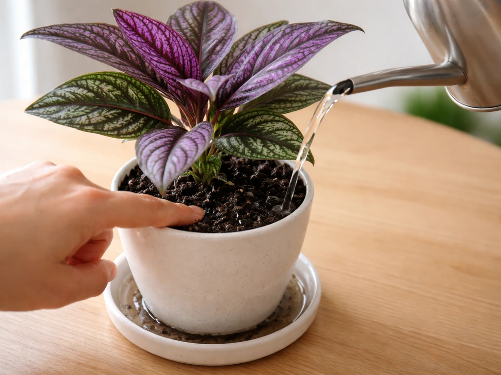 Hand checks top 1–2 inches of soil moisture in a draining pot, then thorough watering begins.