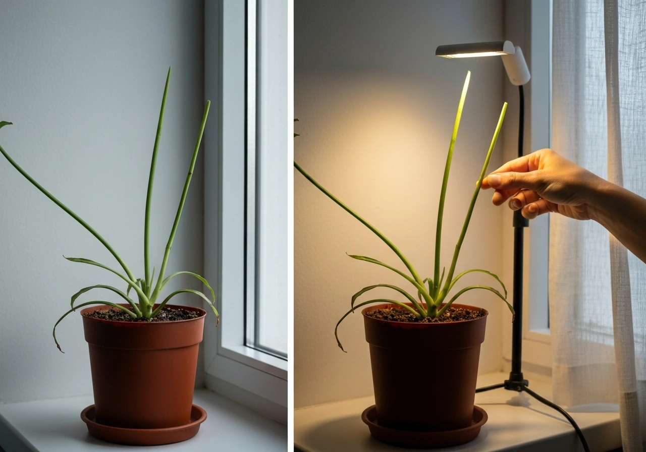 Houseplant with leggy stems in soft window light, hand pinching new growth tips beside a small grow light.