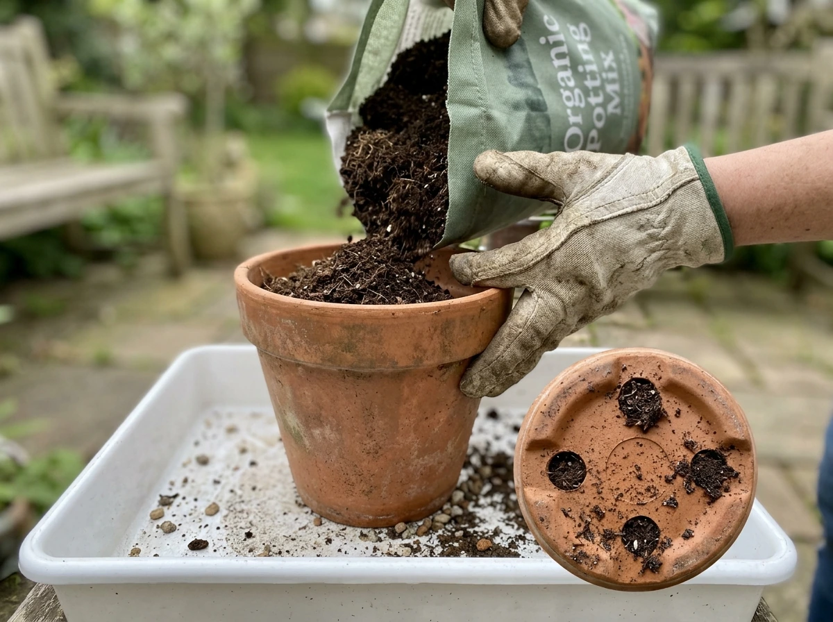 Container with drainage holes filled with potting mix