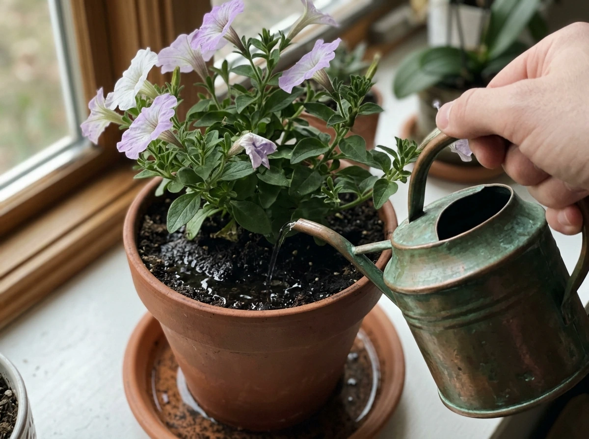 Watering indoor petunias until moisture reaches the root zone