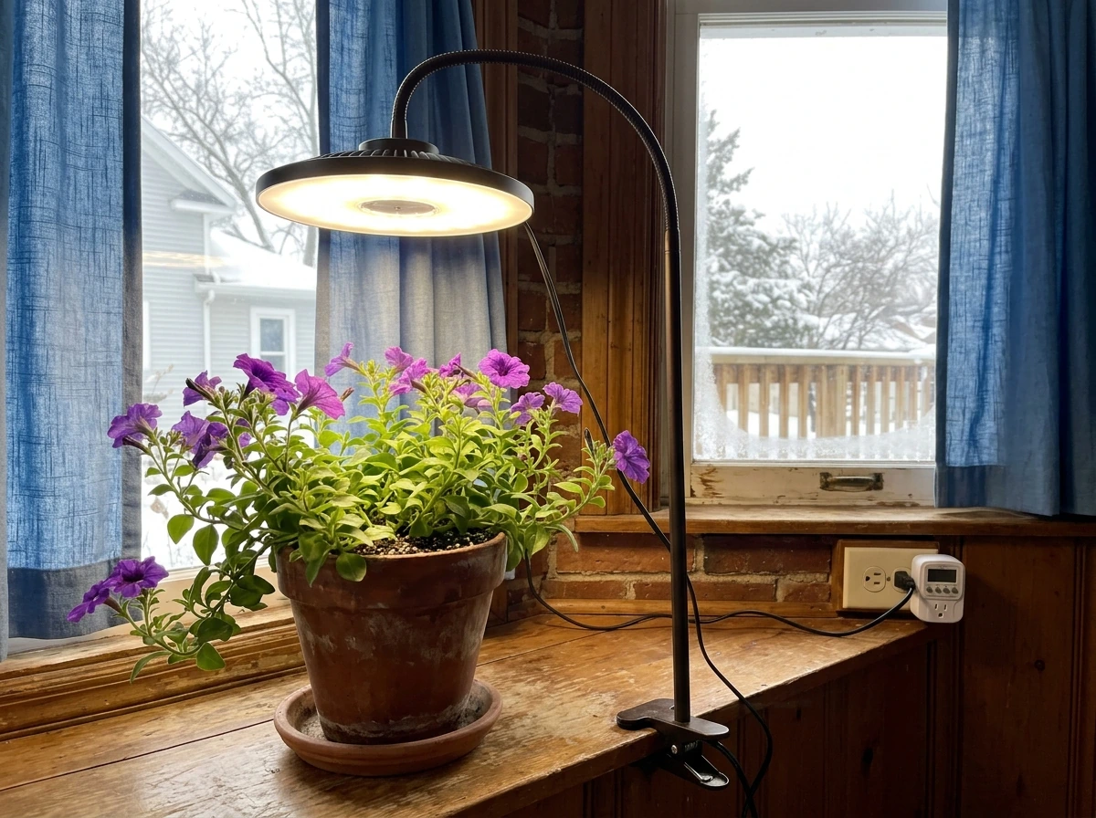 Indoor petunia in winter under timed grow light