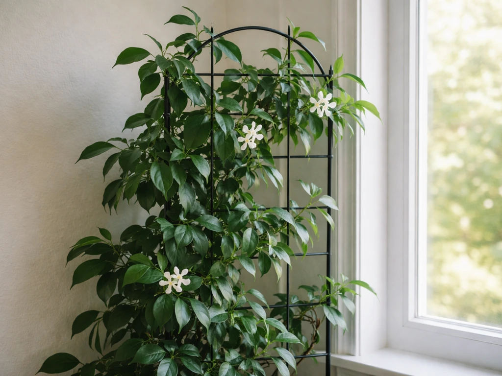 Indoor Confederate jasmine vine on a small trellis with glossy leaves and a few white blooms by a bright window.