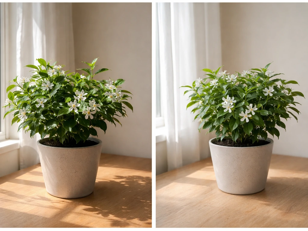 Confederate jasmine in two indoor spots: one near a bright window, one in softer shaded light