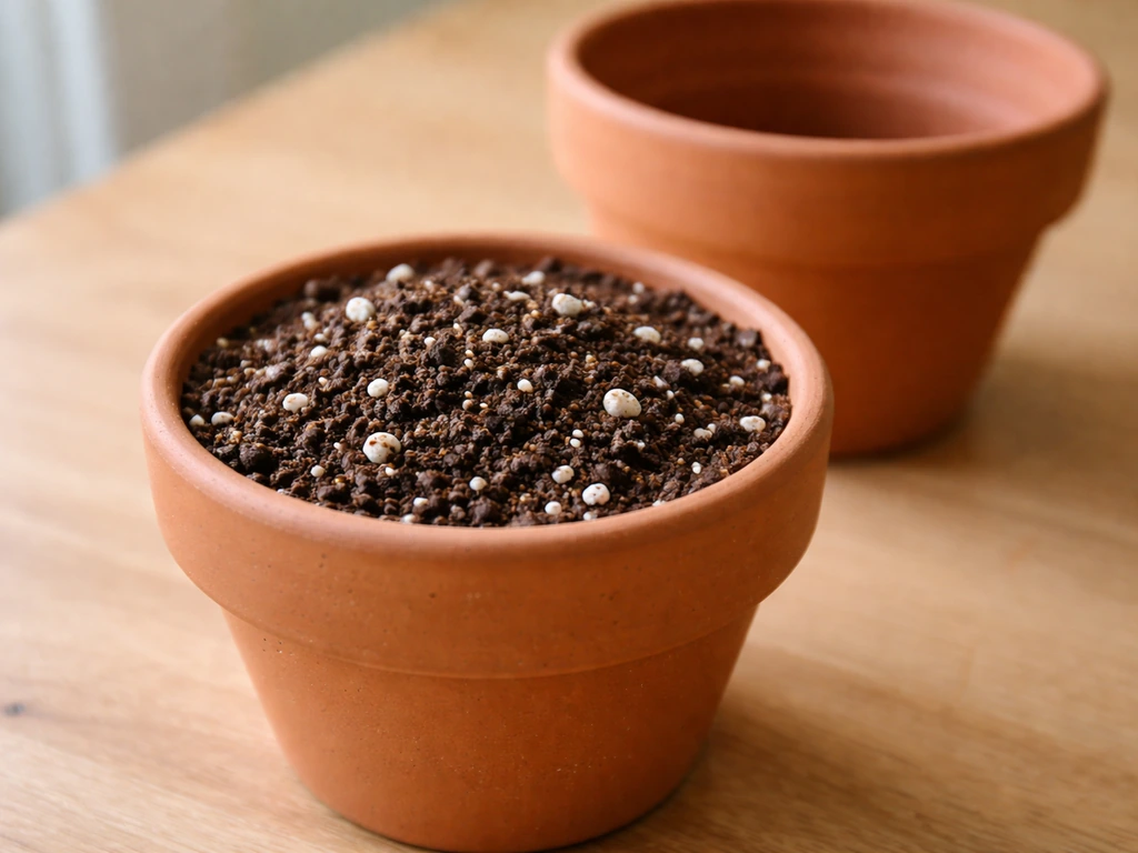Close-up of well-draining potting mix with perlite in a small pot and a slightly larger container nearby.