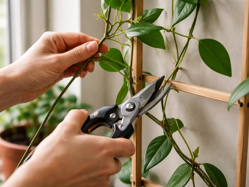 Gardener hands prune an indoor Confederate jasmine vine, redirecting stems onto a small trellis.