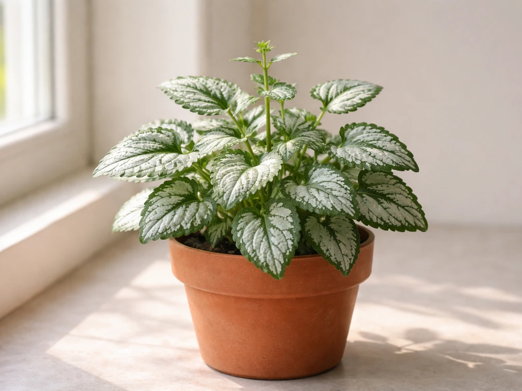 Healthy Lamium maculatum in a small pot by a bright window, showing variegated leaves indoors.