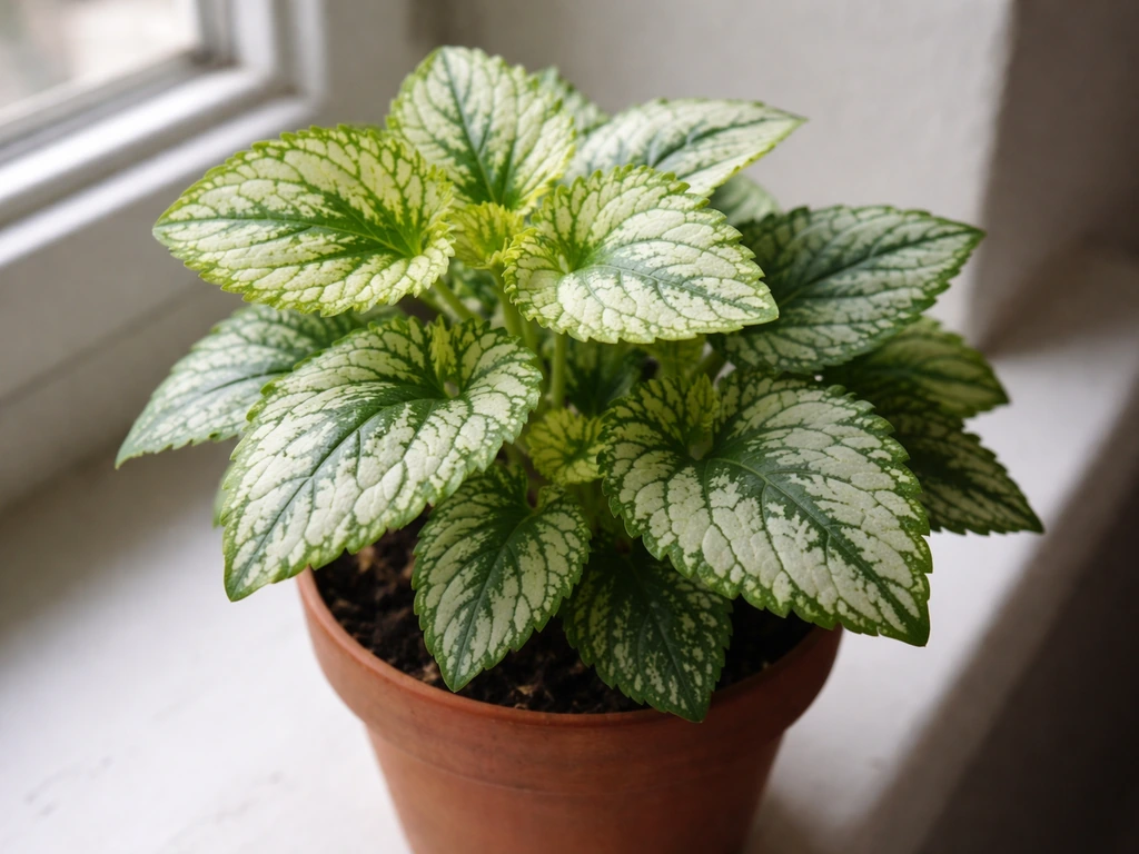 Close-up of variegated Lamium leaves in a small indoor pot with soft natural light.