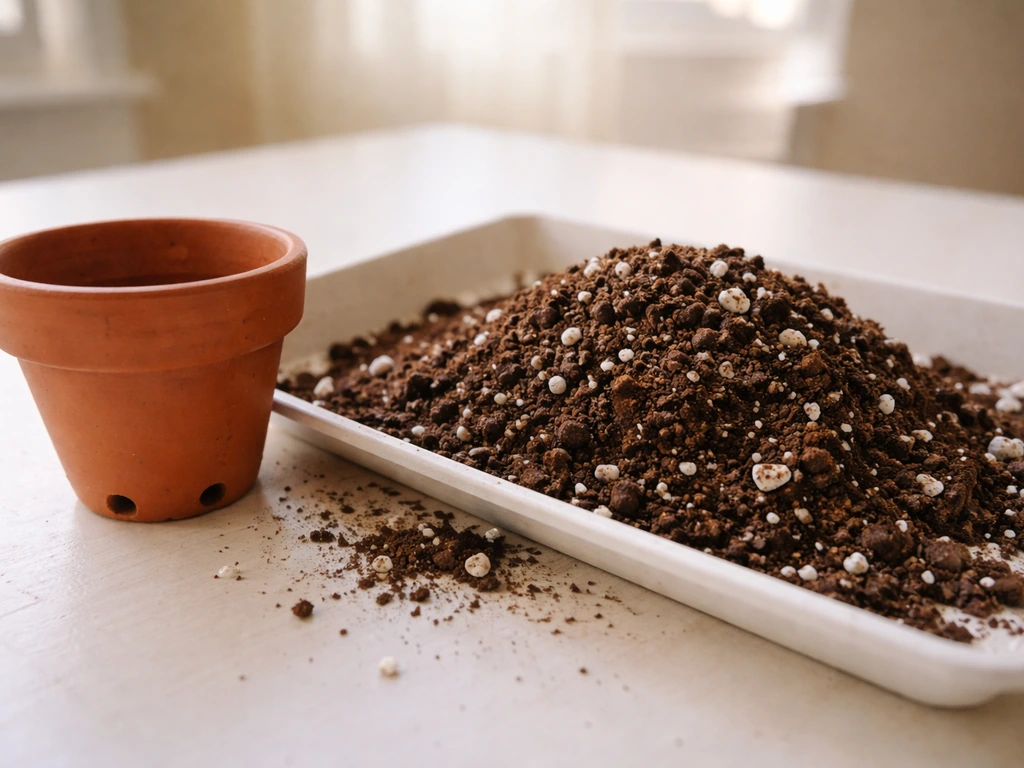 Close-up of a pot with drainage holes and perlite-amended potting mix for indoor drainage.