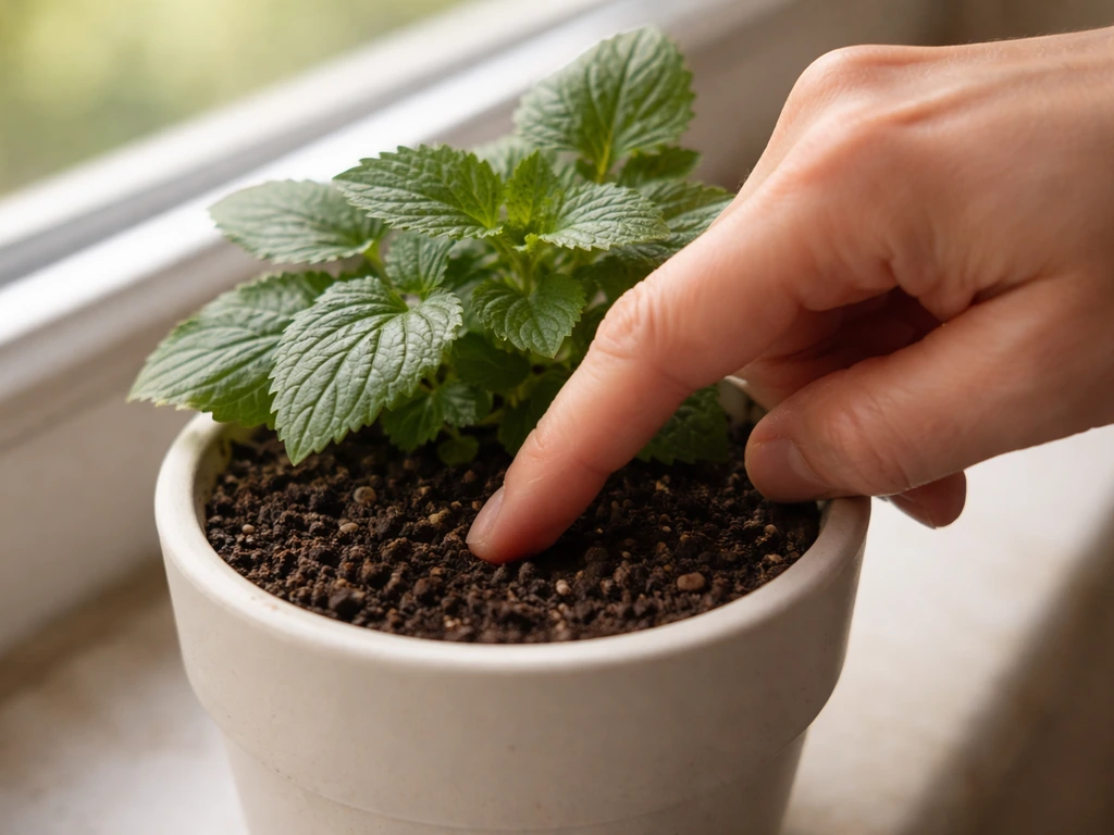 An adult fingertip checks the top inch of soil moisture in a small potted plant.