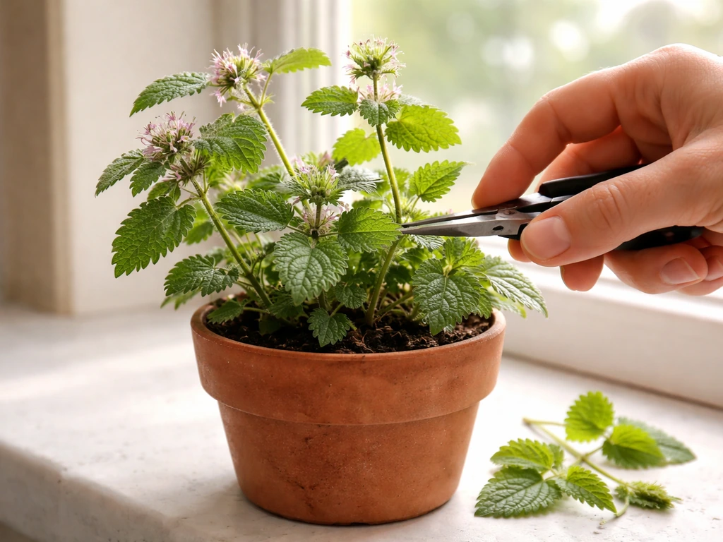 Hand pinching a leggy Lamium stem at a leaf node on a windowsill using pruning shears.