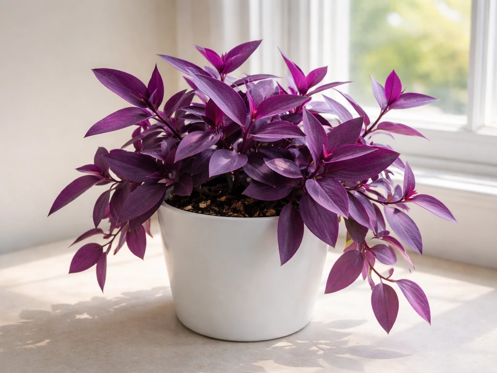 Purple Queen Tradescantia pallida thriving indoors in bright window light with deep purple trailing leaves.