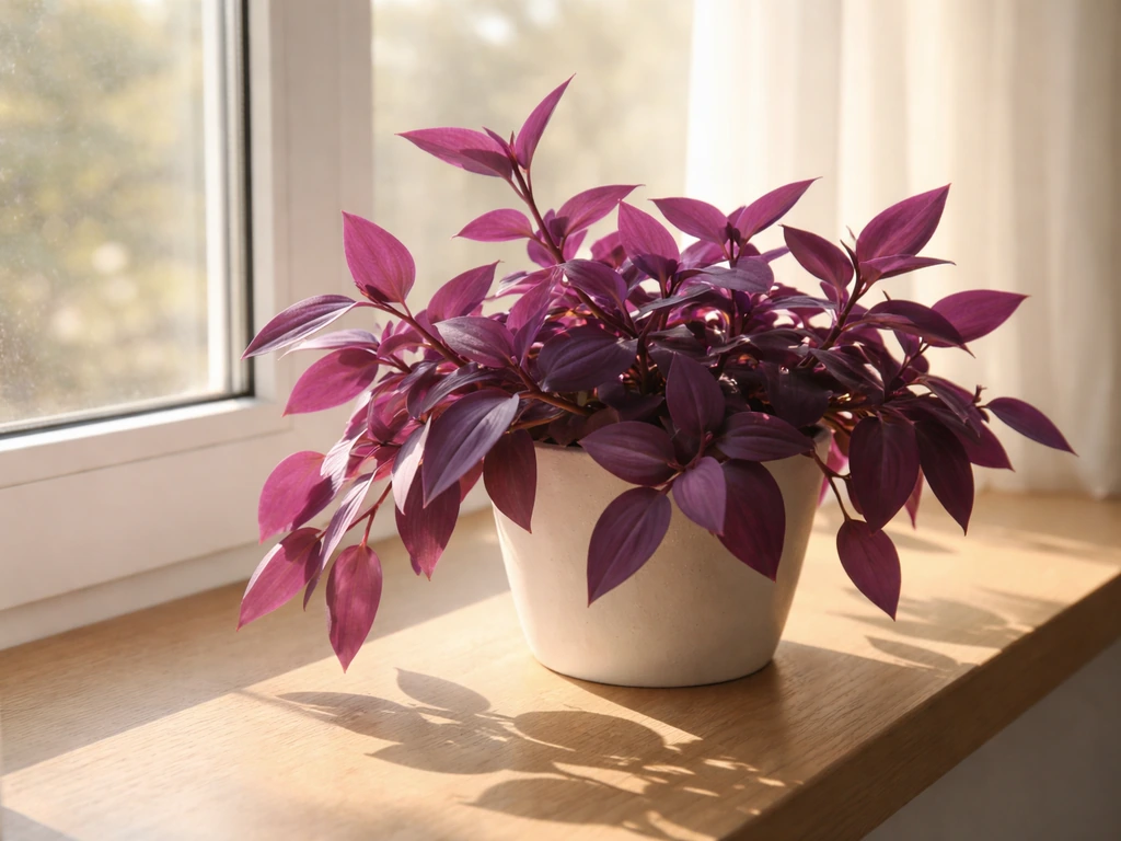 Sunlit windowsill with a purple houseplant placed close to the glass for strong indoor light.