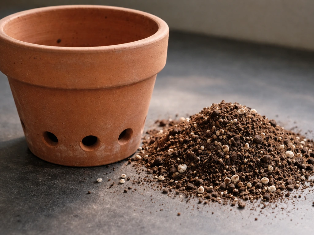 Terracotta pot with drainage holes next to gritty potting mix and perlite soil blend.