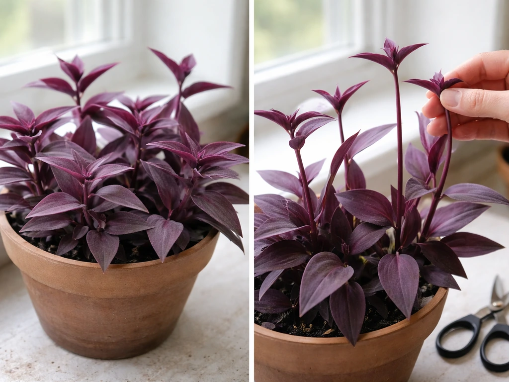 Houseplant pruning moment with pinched purple queen stems in a simple indoor setting