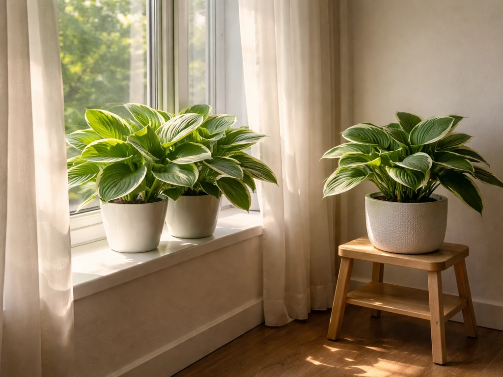 Hostas in small pots placed near a bright window with soft direct sunlight and sheer curtains
