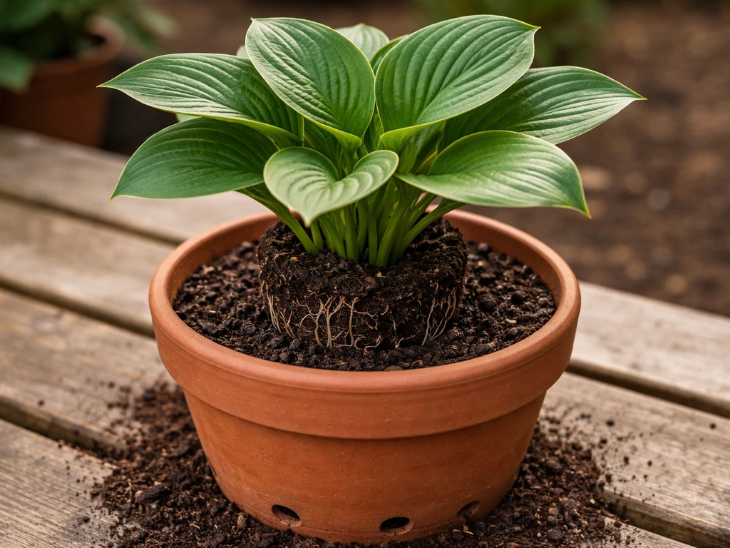 Hosta being potted in a terracotta container with drainage holes, soil mix ready on a garden bench.