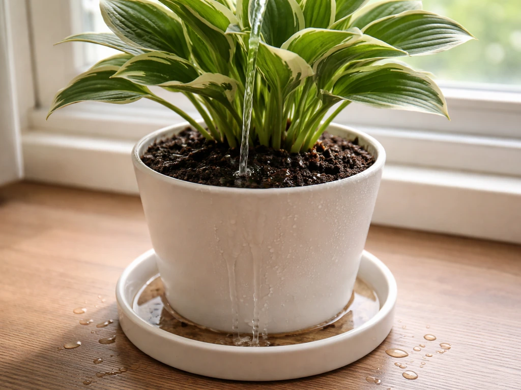 Close-up of a potted hosta getting watered with runoff draining into a tray, no standing water.