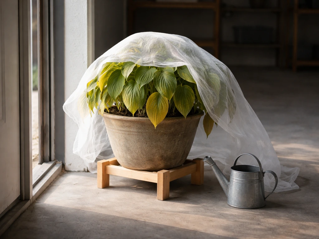 Indoor hosta in a simple pot being moved toward cooler, lower-light winter dormancy
