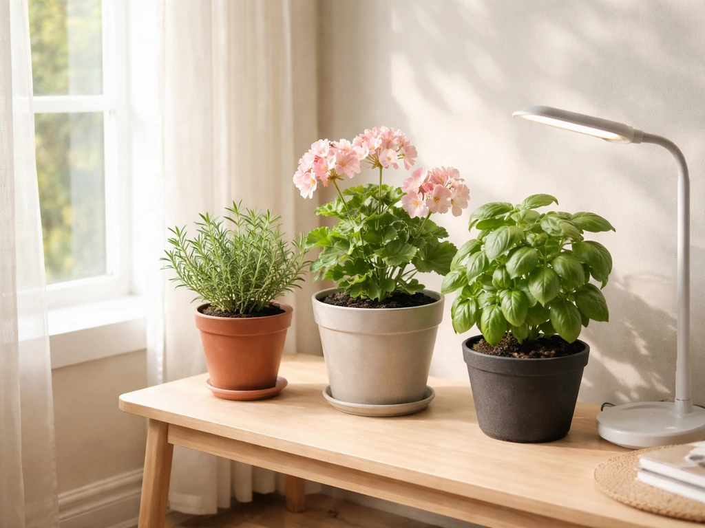 Bright indoor window scene with potted herb and flowering plants grown indoors near a grow light.