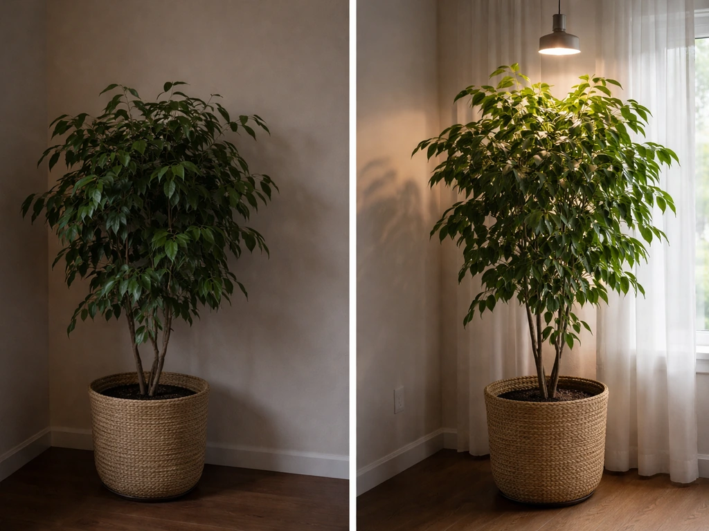 Split view of potted outdoor plants indoors: dim corner wilting vs bright window and grow light thriving.