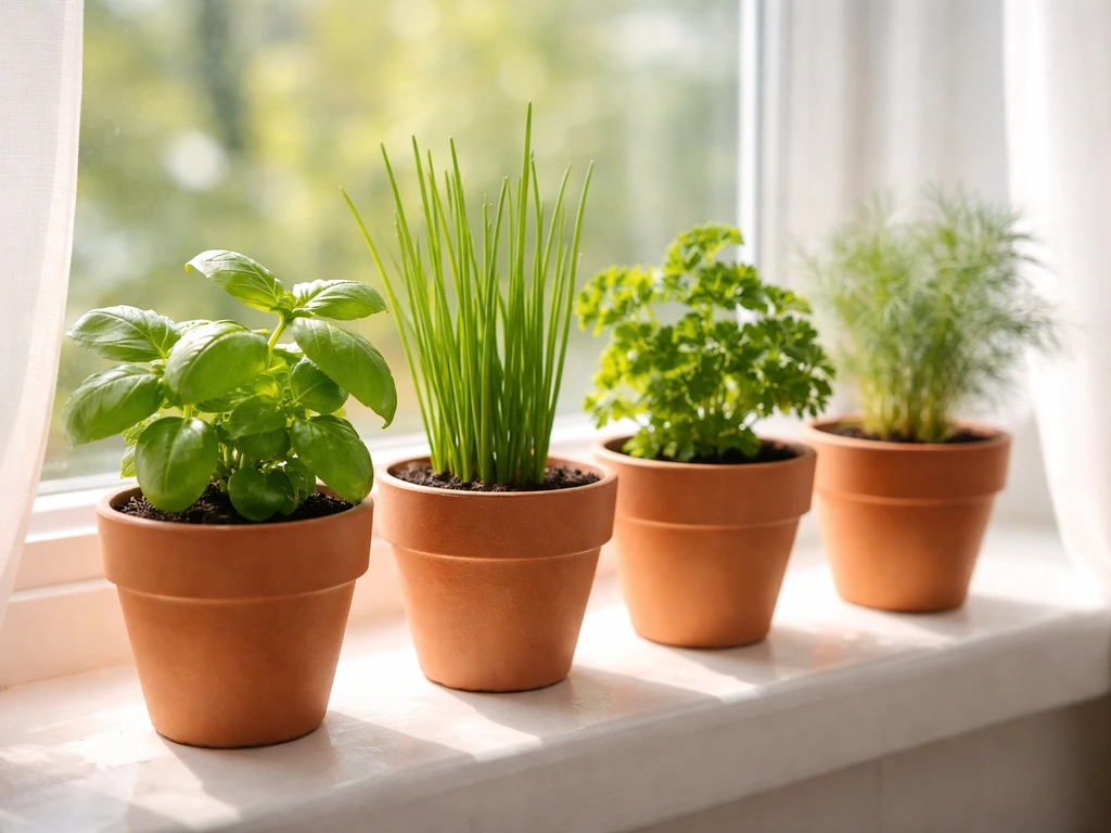 Close-up of basil, chives, parsley, and dill in small pots on a sunny indoor windowsill.