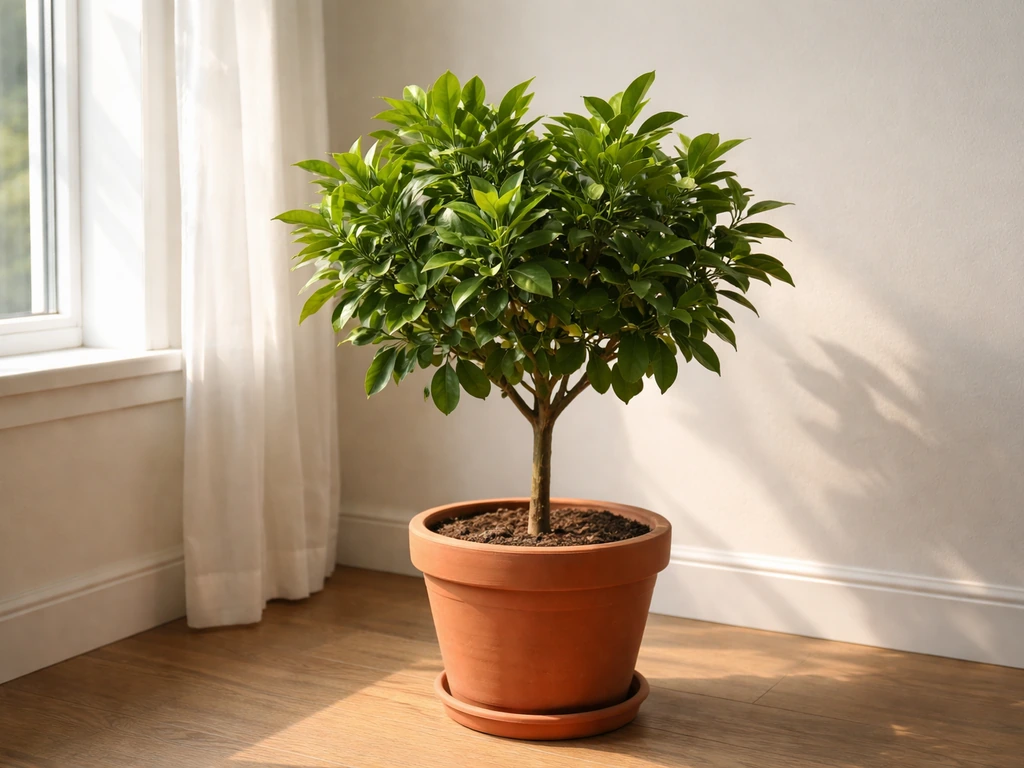 Dwarf citrus tree in a pot near a bright window, healthy green leaves in soft natural light.