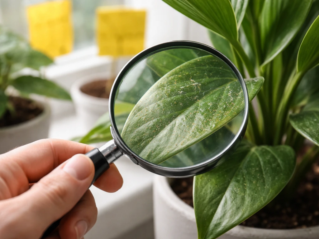 Leaf under a magnifying glass with subtle spider mite webbing near small sticky traps on a windowsill.