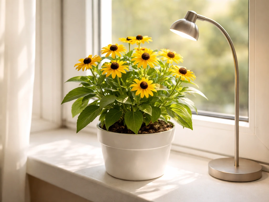 Potted black-eyed Susan on a sunny windowsill with gentle grow light nearby.