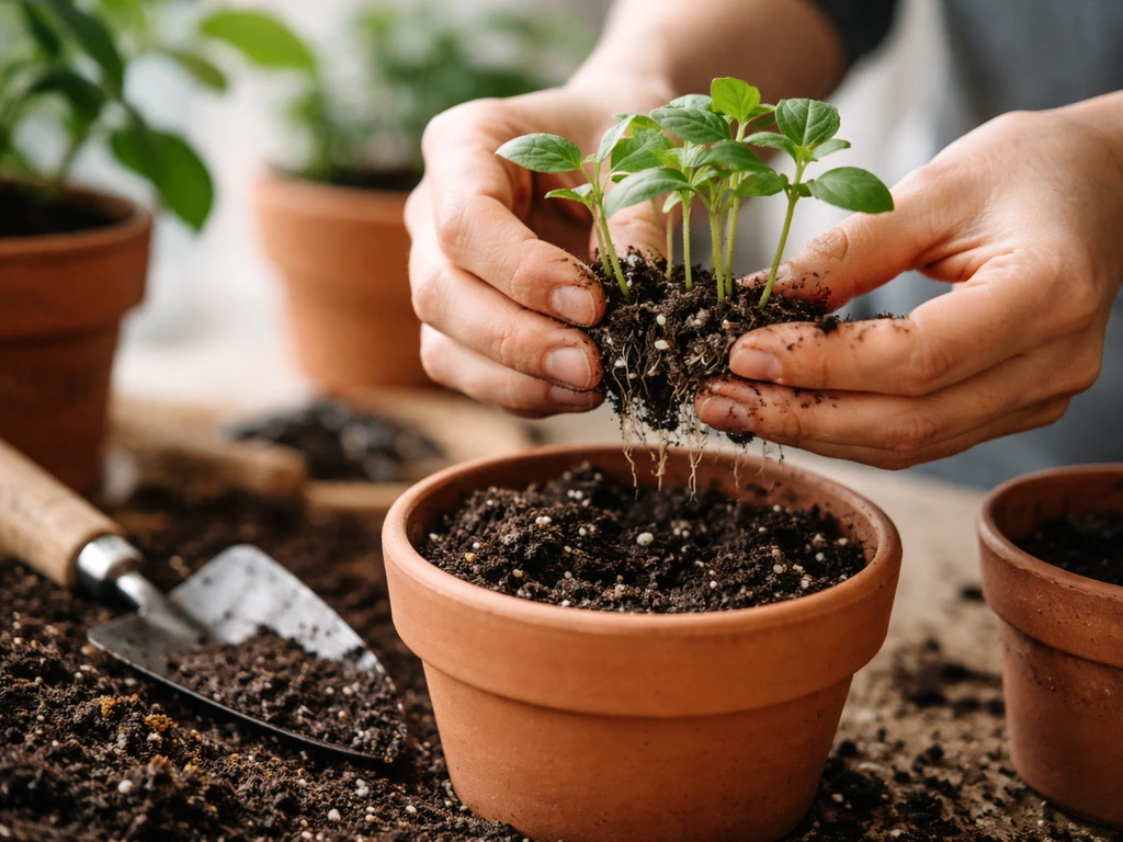 Hands placing young seedlings into a larger pot filled with well-draining potting mix