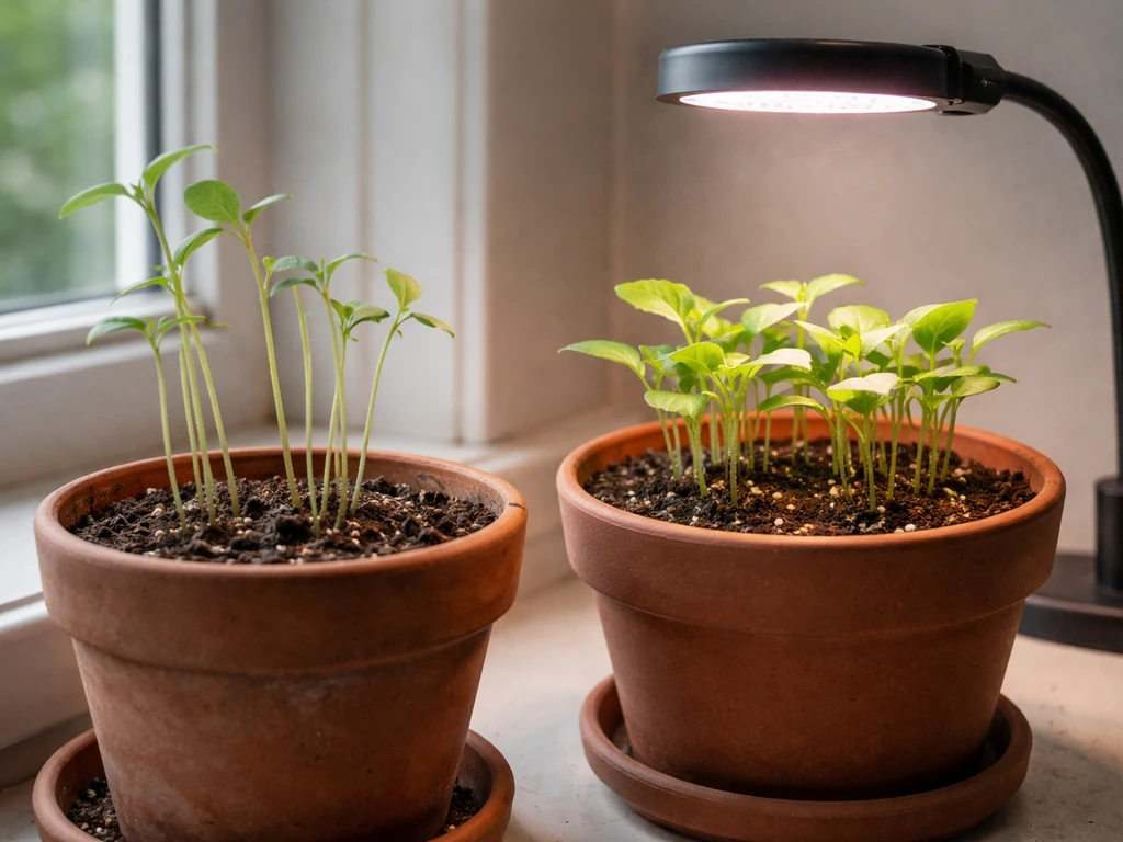 Two potted seedlings: one leggy and drooping beside a sturdier one under properly positioned grow lights.