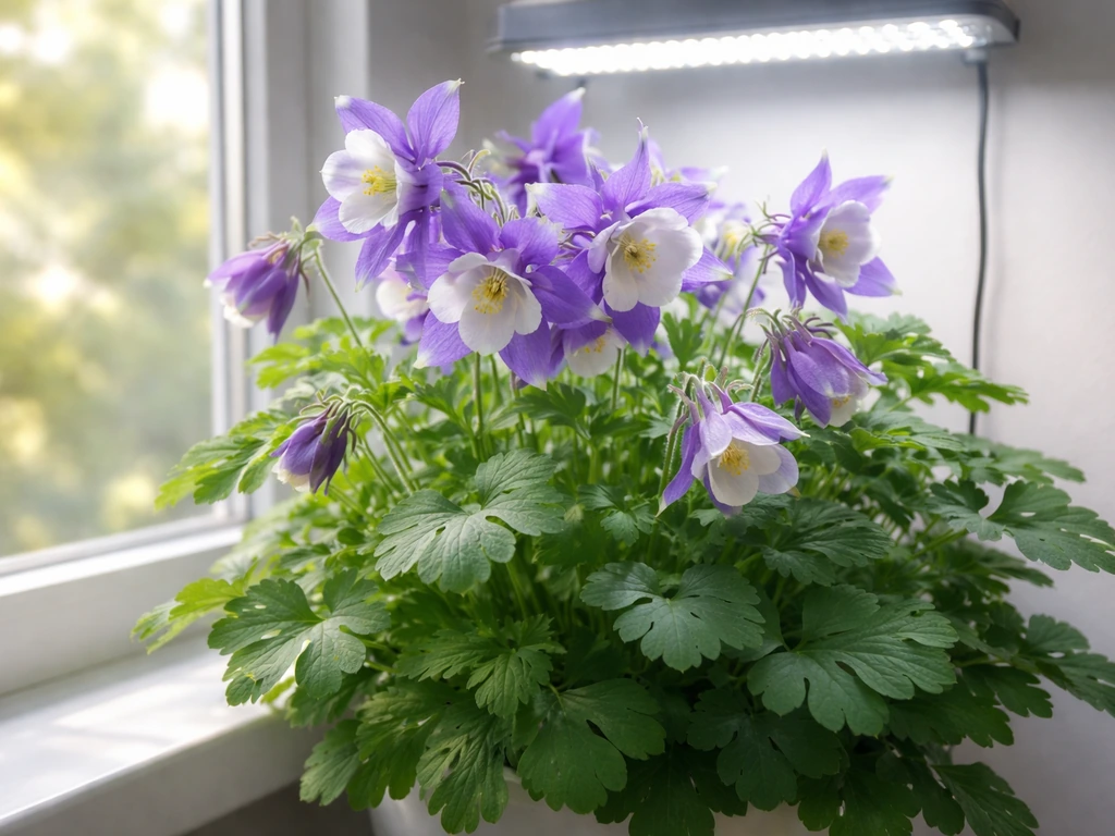 Indoor columbine close-up under a bright grow light beside a sunlit south-facing window.
