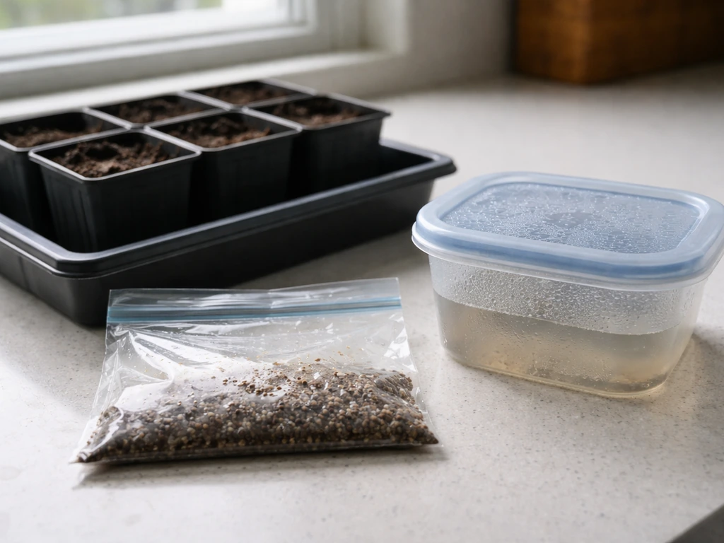 Seed-starting tray with small pots and a sealed moist bag/container prepared for cold stratification.